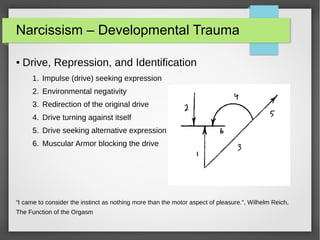 Narcissism – Developmental Trauma
● Drive, Repression, and Identification
1. Impulse (drive) seeking expression
2. Environmental negativity
3. Redirection of the original drive
4. Drive turning against itself
5. Drive seeking alternative expression
6. Muscular Armor blocking the drive
“I came to consider the instinct as nothing more than the motor aspect of pleasure.", Wilhelm Reich,
The Function of the Orgasm
 