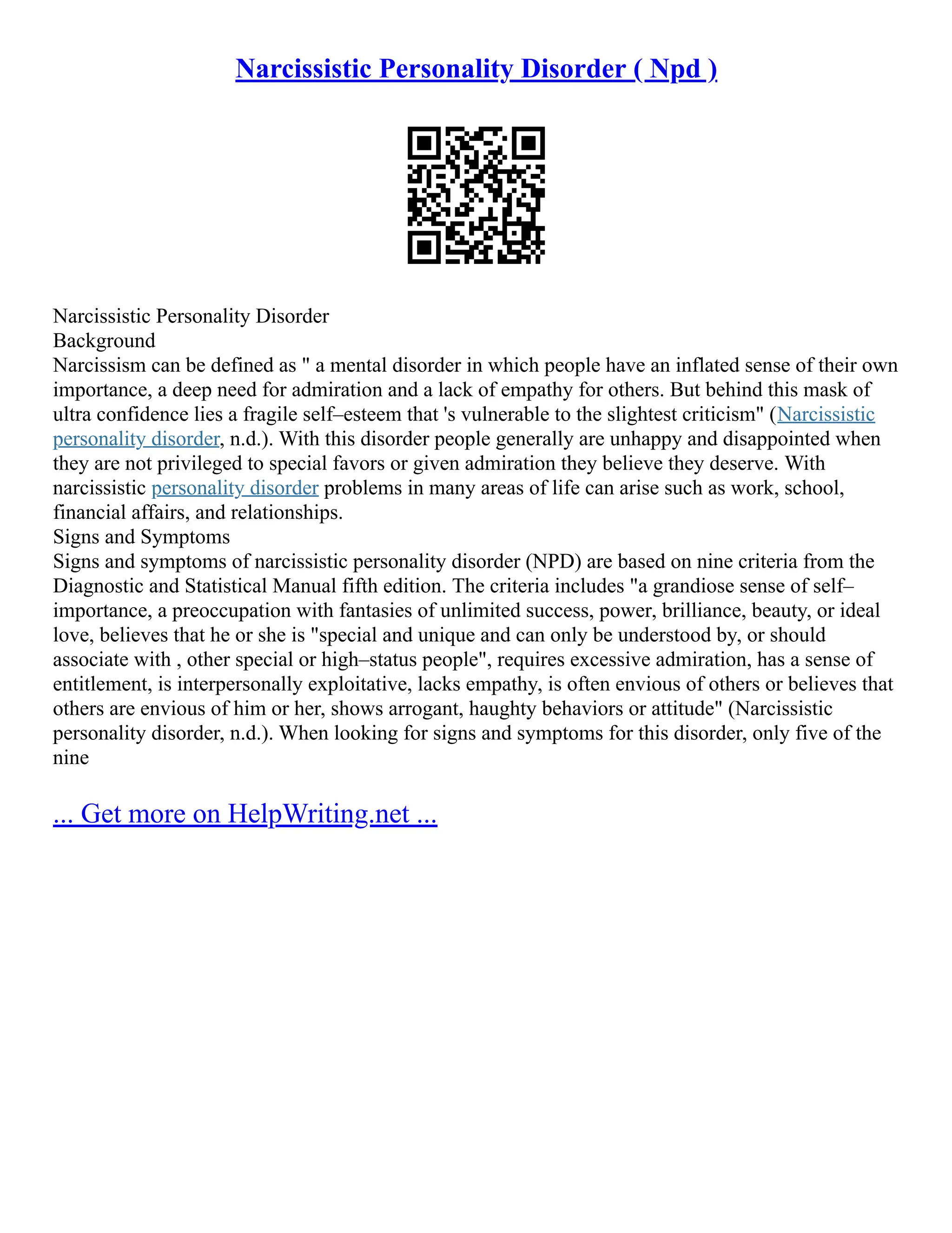 Narcissistic Personality Disorder ( Npd ) | PDF