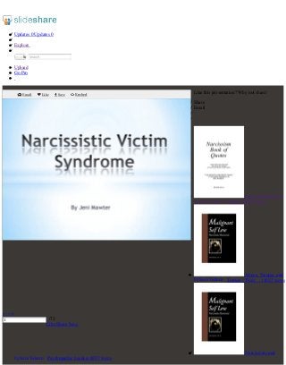Updates 0 Updates 0
Explore
Submit
Search

Upload
Go Pro

Email

Like

Save

Embed

Like this presentation? Why not share!
Share
Email

Narcissism Book of
by Sam Vaknin Quotes 13991 views

Abuse, Trauma, and
by Sam Vaknin Torture - Their ... 11022 views

«‹›»
1

/73
Like Share Save

Narcissistic and
by Sam Vaknin Psychopathic Leaders 6597 views

 
