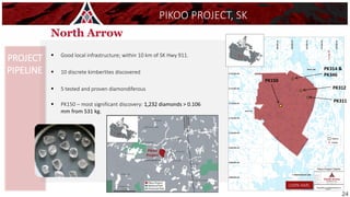 PIKOO PROJECT, SK
▪ Good local infrastructure; within 10 km of SK Hwy 911.
▪ 10 discrete kimberlites discovered
▪ 5 tested and proven diamondiferous
▪ PK150 – most significant discovery: 1,232 diamonds > 0.106
mm from 531 kg.
PROJECT
PIPELINE
PK150
PK314 &
PK346
PK312
PK311
(100% NAR)
9
24
 