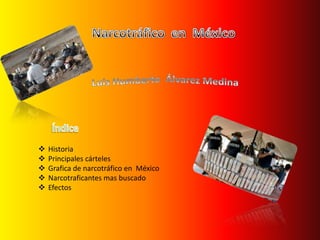    Historia
   Principales cárteles
   Grafica de narcotráfico en México
   Narcotraficantes mas buscado
   Efectos
 
