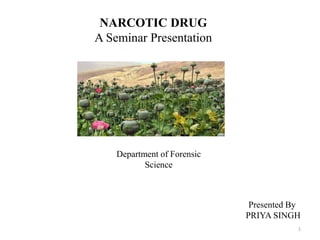 NARCOTIC DRUG
A Seminar Presentation
Department of Forensic
Science
Presented By
PRIYA SINGH
1
 