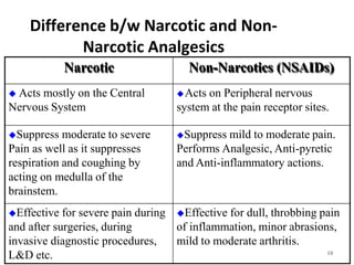 Difference b/w Narcotic and Non-
Narcotic Analgesics
Narcotic Non-Narcotics (NSAIDs)
 Acts mostly on the Central
Nervous System
Acts on Peripheral nervous
system at the pain receptor sites.
Suppress moderate to severe
Pain as well as it suppresses
respiration and coughing by
acting on medulla of the
brainstem.
Suppress mild to moderate pain.
Performs Analgesic, Anti-pyretic
and Anti-inflammatory actions.
Effective for severe pain during
and after surgeries, during
invasive diagnostic procedures,
L&D etc.
Effective for dull, throbbing pain
of inflammation, minor abrasions,
mild to moderate arthritis.
10
 