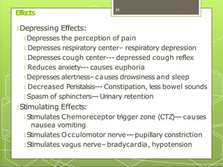 Effe
cts
🞇 Depressing Effects:
🞇 Depresses the perception of pain
🞇 Depresses respiratory center– respiratory depression
🞇 Depresses cough center--- depressed cough reflex
🞇 Reduces anxiety--- causes euphoria
🞇 Depresses alertness–causes drowsiness and sleep
🞇 Decreased Peristalsis--- Constipation, less bowel sounds
🞇 Spasm of sphincters---Urinary retention
🞇 Stimulating Effects:
🞇 Stimulates Chemoreceptor trigger zone (CTZ
)--- causes
nausea vomiting
🞇 Stimulates Occulomotor nerve---pupillary constriction
🞇 Stimulates vagus nerve–bradycardia, hypotension
15
 