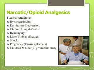 Narcotic/Opioid Analgesics
Contraindications:
Hypersensitivity.
Respiratory Depression.
Chronic Lung diseases.
Head injury.
Liver/ Kidney diseases.
Shock.
Pregnancy (Crosses placenta)
Children & Elderly (given cautiously)
18
 