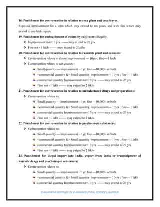CHALAPATHI INSTITUTE OF PHARMACEUTICAL SCIENCES, GUNTUR
16. Punishment for contravention in relation to coca plant and coca leaves:
Rigorous imprisonment for a term which may extend to ten years, and with fine which may
extend to one lakh rupees.
19. Punishment for embezzlement of opium by cultivator: illegally
❖ Imprisonment not<10 yrs ------ may extend to 20 yrs
❖ Fine not <1 lakh ------- may extend to 2 lakhs
20. Punishment for contravention in relation to cannabis plant and cannabis:
❖ Contravention relates to clause imprisonment --- 10yrs ; fine--- 1 lakh
❖ Contravention relates to sub clauses :
Small quantity --- imprisonment –1 yr; fine ---10,000/- or both
<commercial quantity &> Small quantity imprisonment--- 10yrs ; fine--- 1 lakh
commercial quantity Imprisonment not<10 yrs ------ may extend to 20 yrs
Fine not <1 lakh ------- may extend to 2 lakhs
21. Punishment for contravention in relation to manufactured drugs and preparations:
❖ Contravention relates to:
Small quantity --- imprisonment –1 yr; fine ---10,000/- or both
<commercial quantity &> Small quantity imprisonment--- 10yrs ; fine--- 1 lakh
commercial quantity Imprisonment not<10 yrs ------ may extend to 20 yrs
Fine not <1 lakh ------- may extend to 2 lakhs
22. Punishment for contravention in relation to psychotropic substances:
❖ Contravention relates to:
Small quantity --- imprisonment –1 yr; fine ---10,000/- or both
<commercial quantity &> Small quantity imprisonment--- 10yrs ; fine--- 1 lakh
commercial quantity Imprisonment not<10 yrs ------ may extend to 20 yrs
Fine not <1 lakh ------- may extend to 2 lakhs
23. Punishment for illegal import into India, export from India or transshipment of
narcotic drugs and psychotropic substances:
❖ Contravention relates to:
Small quantity --- imprisonment –1 yr; fine ---10,000/- or both
<commercial quantity &> Small quantity imprisonment--- 10yrs ; fine--- 1 lakh
commercial quantity Imprisonment not<10 yrs ------ may extend to 20 yrs
 