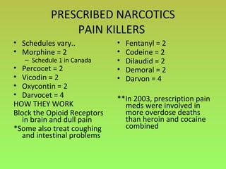 PRESCRIBED NARCOTICS
PAIN KILLERS
• Schedules vary..
• Morphine = 2
– Schedule 1 in Canada
• Percocet = 2
• Vicodin = 2
• Oxycontin = 2
• Darvocet = 4
HOW THEY WORK
Block the Opioid Receptors
in brain and dull pain
*Some also treat coughing
and intestinal problems
• Fentanyl = 2
• Codeine = 2
• Dilaudid = 2
• Demoral = 2
• Darvon = 4
**In 2003, prescription pain
meds were involved in
more overdose deaths
than heroin and cocaine
combined
 