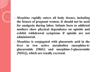  Morphine rapidly enters all body tissues, including
the fetuses of pregnant women. It should not be used
for analgesia during labor. Infants born to addicted
mothers show physical dependence on opioids and
exhibit withdrawal symptoms if opioids are not
administered.
 Morphine is conjugated with glucuronic acid in the
liver to two active metabolites (morphine-6-
glucuronide [M6G] and morphine-3-glucuronide
[M3G]), which are renally excreted.
 