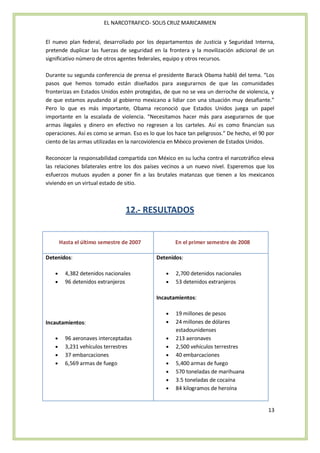 EL NARCOTRAFICO- SOLIS CRUZ MARICARMEN


El nuevo plan federal, desarrollado por los departamentos de Justicia y Seguridad Interna,
pretende duplicar las fuerzas de seguridad en la frontera y la movilización adicional de un
significativo número de otros agentes federales, equipo y otros recursos.

Durante su segunda conferencia de prensa el presidente Barack Obama habló del tema. “Los
pasos que hemos tomado están diseñados para asegurarnos de que las comunidades
fronterizas en Estados Unidos estén protegidas, de que no se vea un derroche de violencia, y
de que estamos ayudando al gobierno mexicano a lidiar con una situación muy desafiante.”
Pero lo que es más importante, Obama reconoció que Estados Unidos juega un papel
importante en la escalada de violencia. “Necesitamos hacer más para asegurarnos de que
armas ilegales y dinero en efectivo no regresen a los carteles. Así es como financian sus
operaciones. Así es como se arman. Eso es lo que los hace tan peligrosos.” De hecho, el 90 por
ciento de las armas utilizadas en la narcoviolencia en México provienen de Estados Unidos.

Reconocer la responsabilidad compartida con México en su lucha contra el narcotráfico eleva
las relaciones bilaterales entre los dos países vecinos a un nuevo nivel. Esperemos que los
esfuerzos mutuos ayuden a poner fin a las brutales matanzas que tienen a los mexicanos
viviendo en un virtual estado de sitio.



                                12.- RESULTADOS


     Hasta el último semestre de 2007                En el primer semestre de 2008

Detenidos:                                   Detenidos:

       4,382 detenidos nacionales                    2,700 detenidos nacionales
       96 detenidos extranjeros                      53 detenidos extranjeros

                                             Incautamientos:

                                                     19 millones de pesos
Incautamientos:                                      24 millones de dólares
                                                     estadounidenses
       96 aeronaves interceptadas                    213 aeronaves
       3,231 vehículos terrestres                    2,500 vehículos terrestres
       37 embarcaciones                              40 embarcaciones
       6,569 armas de fuego                          5,400 armas de fuego
                                                     570 toneladas de marihuana
                                                     3.5 toneladas de cocaína
                                                     84 kilogramos de heroína


                                                                                           13
 