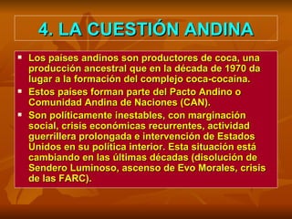 4. LA CUESTIÓN ANDINA Los países andinos son productores de coca, una producción ancestral que en la década de 1970 da lugar a la formación del complejo coca-cocaína. Estos países forman parte del Pacto Andino o Comunidad Andina de Naciones (CAN). Son políticamente inestables, con marginación social, crisis económicas recurrentes, actividad guerrillera prolongada e intervención de Estados Unidos en su política interior. Esta situación está cambiando en las últimas décadas (disolución de Sendero Luminoso, ascenso de Evo Morales, crisis de las FARC). 