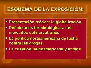ESQUEMA DE LA EXPOSICIÓN: Presentación teórica: la globalización Definiciones terminológicas: los mercados del narcotráfico La política norteamericana de lucha contra las drogas La cuestión latinoamericana y andina 