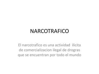 NARCOTRAFICO

El narcotrafico es una actividad ilicita
 de comercializacion ilegal de drogras
que se encuentran por todo el mundo
 