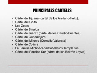 PRINCIPALES CARTELES
• Cártel de Tijuana (cártel de los Arellano-Félix),
• Cártel del Golfo
• Los Zetas
• Cártel de Sinaloa
• Cártel de Juárez (cártel de los Carrillo-Fuentes)
• Cártel de Guadalajara
• Cártel del Milenio (Cornelio Valencia)
• Cártel de Colima
• La Familia Michoacana/Caballeros Templarios
• Cártel del Pacifico Sur (cártel de los Beltrán Leyva)
 