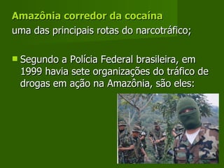Amazônia corredor da cocaína uma das principais rotas do narcotráfico; Segundo a Polícia Federal brasileira, em 1999 havia sete organizações do tráfico de drogas em ação na Amazônia, são eles: 
