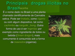 Maconha   É o nome dado no Brasil a uma planta chamada cientificamente de Cannabis sativa. Pode ser  Inalada , como  cigarro  ou com algum dispositivo, tal como  cachimbo  ou  narguilé  ,  bong . Outra forma de uso é ser  Ingerida : por exemplo como ingrediente de bolos ou bebida ( Green dragon ), mais comumente é consumida sob a forma de  baseados  (cigarros). Principais  drogas ilícitas no Brasil   