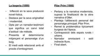 La bogeria (1899)
- Inflecció en la seva producció
novel·lística.
- Destaca per la seva originalitat
i modernitat.
- Opta per un narrador-testimoni
que significa un canvi total
d’actitud i de mètode.
- Presenta el determinisme
mitjançant el personatge d’un
boig.
- El medi està relacionat amb el
procés d’embogiment.
Pilar Prim (1906)
- Pertany a la narrativa modernista,
suposa la finalització de la obra
narrativa d’Oller.
- Planteja l’alliberació personal del
personatge principal; Pilar Prim.
- Remet la problemàtica típicament
burgesa de l’època.
- Contraposició dels espais rurals i
urbans.
- Narrador omniscient i estil
indirecte lliure.
- Final obert.
 