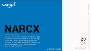 NarcX is the first and ONLY validated method
of on-site destruction capable of destroying
Schedule 1 drugs including illicit fentanyl,
cocaine, heroin, meth, opioids and more. This
drastically reduces the risk of death and
further drug diversion.
n
a
r
c
x
p
r
e
s
e
n
t
a
t
i
o
n
TM
20
www.narcx.com
24
CONFIDENTIAL
 