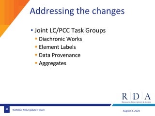 Addressing the changes
• Joint LC/PCC Task Groups
 Diachronic Works
 Element Labels
 Data Provenance
 Aggregates
Augus...