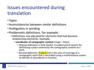 Issues encountered during
translation
• Typos
• Inconsistencies between similar definitions
• Ambiguities in wording
• Pro...