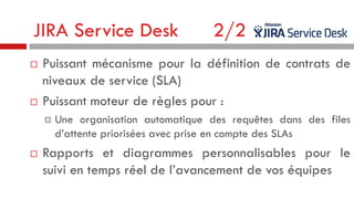 JIRA Service Desk




Puissant mécanisme pour la définition de contrats de
niveaux de service (SLA)
Puissant moteur de règles pour :




2/2

Une organisation automatique des requêtes dans des files
d’attente priorisées avec prise en compte des SLAs

Rapports et diagrammes personnalisables pour le
suivi en temps réel de l’avancement de vos équipes

 