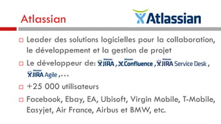 Atlassian







Leader des solutions logicielles pour la collaboration,
le développement et la gestion de projet
Le développeur de:
,
,
,
,…
+25 000 utilisateurs
Facebook, Ebay, EA, Ubisoft, Virgin Mobile, T-Mobile,
Easyjet, Air France, Airbus et BMW, etc.

 