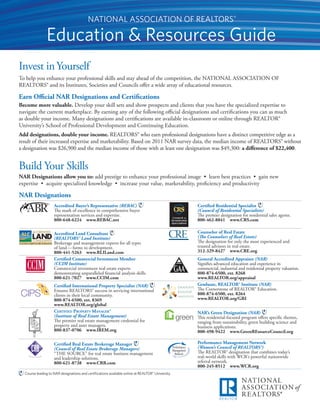 NATIONAL ASSOCIATION OF REALTORS®

               Education & Resources Guide
Invest in Yourself
To help you enhance your professional skills and stay ahead of the competition, the NATIONAL ASSOCIATION OF
REALTORS® and its Institutes, Societies and Councils oﬀer a wide array of educational resources.

Earn Oﬃcial NAR Designations and Certiﬁcations
Become more valuable. Develop your skill sets and show prospects and clients that you have the specialized expertise to
navigate the current marketplace. By earning any of the following oﬃcial designations and certiﬁcations you can as much
as double your income. Many designations and certiﬁcations are available in-classroom or online through REALTOR®
University’s School of Professional Development and Continuing Education.
Add designations, double your income. REALTORS® who earn professional designations have a distinct competitive edge as a
result of their increased expertise and marketability. Based on 2011 NAR survey data, the median income of REALTORS® without
a designation was $26,900 and the median income of those with at least one designation was $49,300: a diﬀerence of $22,400.


Build Your Skills
NAR Designations allow you to: add prestige to enhance your professional image • learn best practices • gain new
expertise • acquire specialized knowledge • increase your value, marketability, proﬁciency and productivity

NAR Designations
                    Accredited Buyer’s Representative (REBAC)                                     Certiﬁed Residential Specialist
                    The mark of excellence in comprehensive buyer                                 (Council of Residential Specialists)
                    representation services and expertise.                                        The premier designation for residential sales agents.
                    800-648-6224 www.REBAC.net                                                    800-462-8841 www.CRS.com

                    Accredited Land Consultant                                                    Counselor of Real Estate
                    (REALTORS® Land Institute)                                                    (The Counselors of Real Estate)
                    Brokerage and management experts for all types                                The designation for only the most experienced and
                    of land — farms to development.                                               trusted advisors in real estate.
                    800-441-5263 www.RLILand.com                                                  312-329-8427 www.CRE.org
                    Certiﬁed Commercial Investment Member                                         General Accredited Appraiser (NAR)
                    (CCIM Institute)                                                              Signiﬁes advanced education and experience in
                    Commercial investment real estate experts                                     commercial, industrial and residential property valuation.
                    demonstrating unparalleled ﬁnancial analysis skills.                          800-874-6500, ext. 8268
                    800-621-7027 www.CCIM.com                                                     www.REALTOR.org/appraisal
                    Certiﬁed International Property Specialist (NAR)                              Graduate, REALTOR® Institute (NAR)
                    Ensures REALTORS® success in servicing international                          The Cornerstone of REALTOR® Education.
                    clients in their local community.                                             800-874-6500, ext. 8264
                    800-874-6500, ext. 8369                                                       www.REALTOR.org/GRI
                    www.REALTOR.org/global
                    CERTIFIED PROPERTY MANAGER®                                                   NAR’s Green Designation (NAR)
                    (Institute of Real Estate Management)                                         This residential-focused program oﬀers speciﬁc themes,
                    The premier real estate management credential for                             ranging from sustainability, green building science and
                    property and asset managers.                                                  business applications.
                    800-837-0706 www.IREM.org                                                     800-498-9422 www.GreenREsourceCouncil.org

                    Certiﬁed Real Estate Brokerage Manager                                        Performance Management Network
                    (Council of Real Estate Brokerage Managers)                                   (Women’s Council of REALTORS®)
                    “THE SOURCE” for real estate business management                              The REALTOR® designation that combines today’s
                    and leadership solutions.                                                     real-world skills with WCR’s powerful nationwide
                    800-621-8738 www.CRB.com                                                      referral network.
                                                                                                  800-245-8512 www.WCR.org
  Course leading to NAR designations and certiﬁcations available online at REALTOR® University.
 