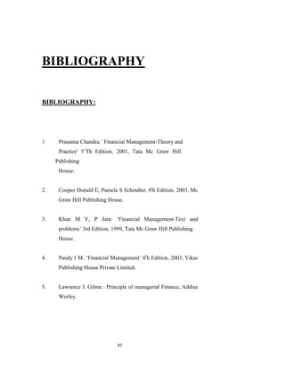 BIBLIOGRAPHY

BIBLIOGRAPHY:




1     Prasanna Chandra: `Financial Management-Theory and
      Practice' 5‟Th Edition, 2001, Tata Mc Graw Hill
     Publishing
      House.


2.    Cooper Donald E, Pamela S Schindler, 8th Edition, 2003, Mc
      Graw Hill Publishing House.


3.    Khan M Y, P Jain: „Financial Management-Text and
      problems‟ 3rd Edition, 1999, Tata Mc Graw Hill Publishing
      House.


4.    Pandy I M: „Financial Management‟ 8th Edition, 2003, Vikas
      Publishing House Private Limited.


5.    Lawrence J. Gilma : Principle of managerial Finance, Addisa
      Worley.




                               85
 