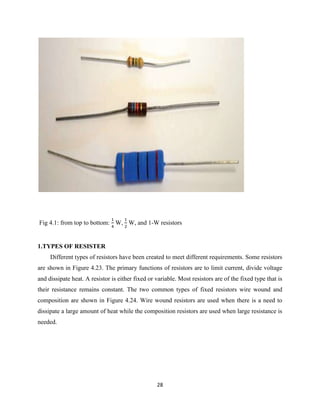 28
Fig 4.1: from top to bottom:
1
4
W,
1
2
W, and 1-W resistors
1.TYPES OF RESISTER
Different types of resistors have been created to meet different requirements. Some resistors
are shown in Figure 4.23. The primary functions of resistors are to limit current, divide voltage
and dissipate heat. A resistor is either fixed or variable. Most resistors are of the fixed type that is
their resistance remains constant. The two common types of fixed resistors wire wound and
composition are shown in Figure 4.24. Wire wound resistors are used when there is a need to
dissipate a large amount of heat while the composition resistors are used when large resistance is
needed.
 