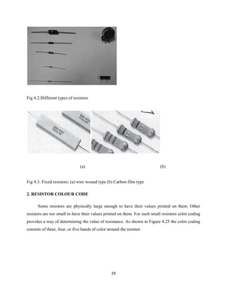 29
Fig 4.2:Different types of resistors
(a) (b)
Fig 4.3: Fixed resistors: (a) wire wound type (b) Carbon film type
2. RESISTOR COLOUR CODE
Some resistors are physically large enough to have their values printed on them. Other
resistors are too small to have their values printed on them. For such small resistors color coding
provides a way of determining the value of resistance. As shown in Figure 4.25 the color coding
consists of three, four, or five bands of color around the resistor.
 
