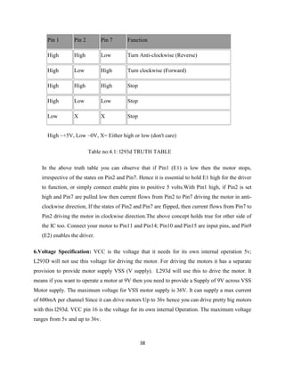 38
Pin 1 Pin 2 Pin 7 Function
High High Low Turn Anti-clockwise (Reverse)
High Low High Turn clockwise (Forward)
High High High Stop
High Low Low Stop
Low X X Stop
High ~+5V, Low ~0V, X= Either high or low (don't care)
Table no:4.1: l293d TRUTH TABLE
In the above truth table you can observe that if Pin1 (E1) is low then the motor stops,
irrespective of the states on Pin2 and Pin7. Hence it is essential to hold E1 high for the driver
to function, or simply connect enable pins to positive 5 volts.With Pin1 high, if Pin2 is set
high and Pin7 are pulled low then current flows from Pin2 to Pin7 driving the motor in anti-
clockwise direction, If the states of Pin2 and Pin7 are flipped, then current flows from Pin7 to
Pin2 driving the motor in clockwise direction.The above concept holds true for other side of
the IC too. Connect your motor to Pin11 and Pin14; Pin10 and Pin15 are input pins, and Pin9
(E2) enables the driver.
6.Voltage Specification: VCC is the voltage that it needs for its own internal operation 5v;
L293D will not use this voltage for driving the motor. For driving the motors it has a separate
provision to provide motor supply VSS (V supply). L293d will use this to drive the motor. It
means if you want to operate a motor at 9V then you need to provide a Supply of 9V across VSS
Motor supply. The maximum voltage for VSS motor supply is 36V. It can supply a max current
of 600mA per channel Since it can drive motors Up to 36v hence you can drive pretty big motors
with this l293d. VCC pin 16 is the voltage for its own internal Operation. The maximum voltage
ranges from 5v and up to 36v.
 