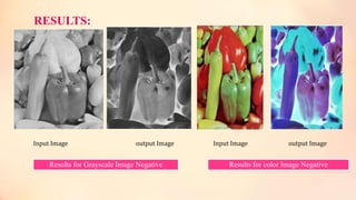 RESULTS:
Input Image Input Imageoutput Image output Image
Results for Grayscale Image Negative Results for color Image Negative
 
