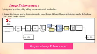 Image Enhancement :
image can be enhanced by adding a constant to each pixel values.
Image filtering can also be done using model based design different filtering architecture can be defined and
Xilinx block can be created.
Grayscale Image Enhancement
 