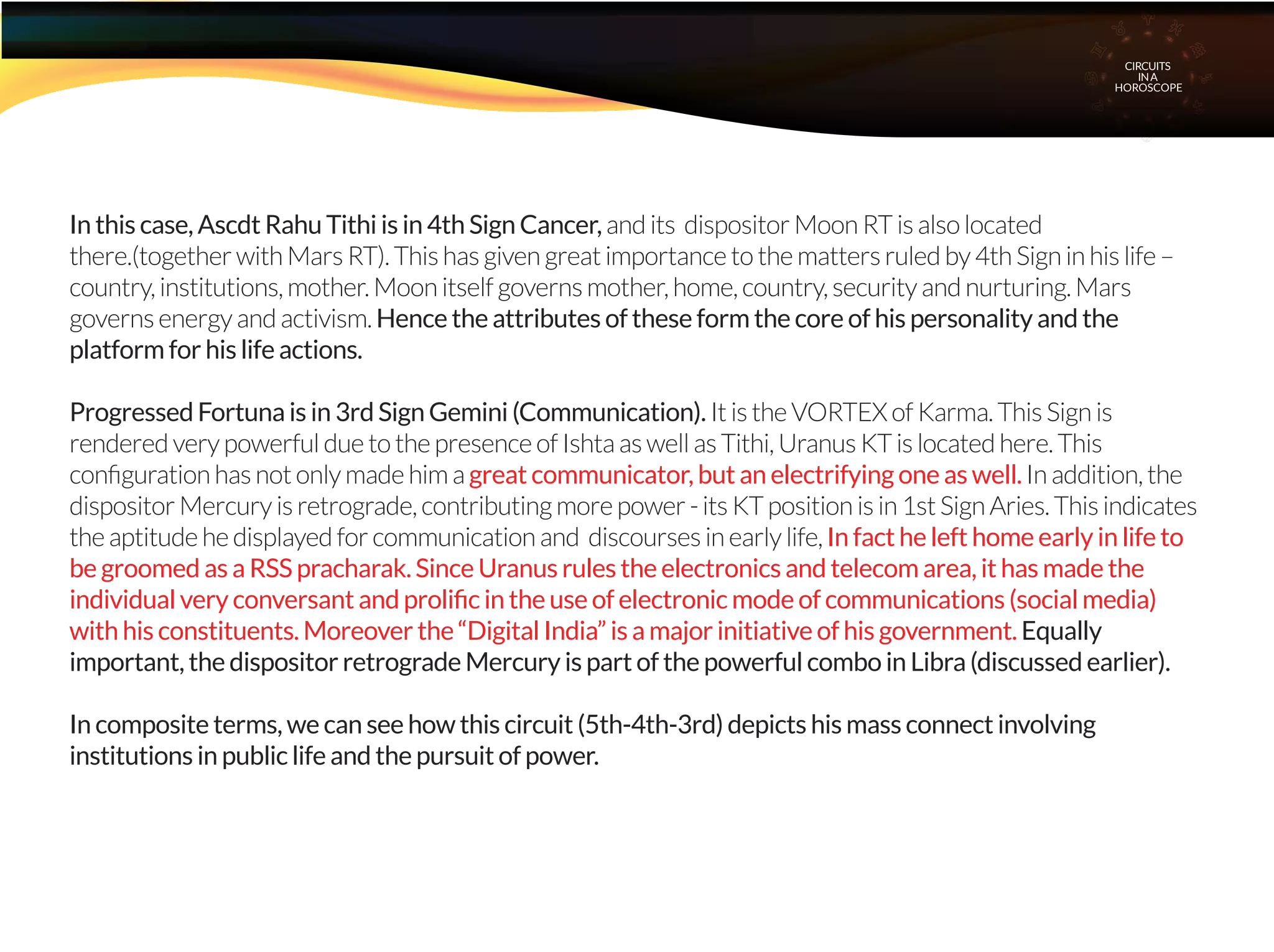 In this case, Ascdt Rahu Tithi is in 4th Sign Cancer, and its dispositor Moon RT is also located
there.(together with Mars RT). This has given great importance to the matters ruled by 4th Sign in his life –
country, institutions, mother. Moon itself governs mother, home, country, security and nurturing. Mars
governs energy and activism. Hence the attributes of these form the core of his personality and the
platform for his life actions.
Progressed Fortuna is in 3rd Sign Gemini (Communication). It is the VORTEX of Karma. This Sign is
rendered very powerful due to the presence of Ishta as well as Tithi, Uranus KT is located here. This
conﬁguration has not only made him a great communicator, but an electrifying one as well. In addition, the
dispositor Mercury is retrograde, contributing more power - its KT position is in 1st Sign Aries. This indicates
the aptitude he displayed for communication and discourses in early life, In fact he left home early in life to
be groomed as a RSS pracharak. Since Uranus rules the electronics and telecom area, it has made the
individual very conversant and proliﬁc in the use of electronic mode of communications (social media)
with his constituents. Moreover the “Digital India” is a major initiative of his government. Equally
important, the dispositor retrograde Mercury is part of the powerful combo in Libra (discussed earlier).
In composite terms, we can see how this circuit (5th-4th-3rd) depicts his mass connect involving
institutions in public life and the pursuit of power.
CIRCUITS
INA
HOROSCOPE
 