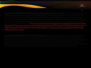 Ascendant Fortuna is in 2nd Sign Taurus (denoting acquisition, growth, wealth). Pluto KT is located here and
is retrograde. Pluto denotes large organisations, global politics and mega projects. As Chief Minister and as
Prime Minister, the hallmark of Modi has been the emphasis on the Economy and a thrust towards a high
growth rate. He has embarked on major projects towards this end (in Highways, Railways, Urban development
etc). He has also actively espoused global initiatives (eg solar energy). Taurus is an Earthy Sign and gives the
individual a very practical outlook. This is very clearly seen in the problem solving approach of his Government.
This impact of Taurus was seen even as the organsing secretary of BJP (to which the RSS loaned his services in
1987). He marshalled contributions from overseas Indians . He also successfully organised LK Advani and
MM Joshi’s famous yatras.
Progressed Ascendant Fortuna is in 11th Sign Aquarius, denoting popularity, aspirations, social and public
service Institutions. There in no planet posited in the Sign. The dispositor Uranus is in 9th sign Sagittarius
(Leadership and Vision). Uranus is an electrifying planet that bring about major changes and upsets the status
quo. Hence we can see how Modi brought radical changes to governance and administration of public
institutions. The importance of the 11th can be seen in that he tries to address himself and positions his politics
towards the aspirational class. The economic reforms undertaken are part of this same astro script
CIRCUITS
INA
HOROSCOPE
 
