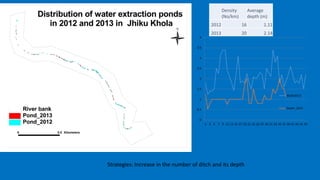 0
0.5
1
1.5
2
2.5
3
3.5
4
1 3 5 7 9 11 13 15 17 19 21 23 25 27 29 31 33 35 37 39 41 43 45 47
depth2013
Depth_2012
Density
(No/km)
Average
depth (m)
2012 16 1.11
2013 20 2.14
Strategies: Increase in the number of ditch and its depth
 