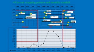 Current cropping pattern and monthly rainfall
Type
Jan Feb Mar Apr May June July Aug Sep Oct Nov Dec
Push/Magh Magh/Phagun Phagun/Charitra Chaitra/Baisakha Baisakh/Jestha Jestha/Asar Asar/Shrawan Shrawan/Vadra Vadra/Aswin Aswin/Kartic Kartic/Mangsir Mangsir/Push
Khet1
Khet2
Khet3
Bari1
Bari2
Potato
Potato
Tomato/ cauliflower
Wheat
Tomato/ bean
Rice
Cauliflower
Tomato
Bean
Potato
Rice
Maze
Lady finger
Maize
Jan. Feb. March April May June July Aug. Sept. Oct. Nov. Dec.
Rainfall 12.1 21.9 1.2 75.8 25.3 90.5 321.4 321.3 215.9 5.7 19.4 0
0
30
60
90
120
150
180
210
240
270
300
330
360
Rainfallinmm
DroughtDrought Wet
 
