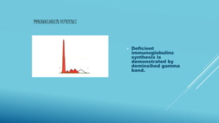IMMUNOGLOBULIN DEFICIENCY
 Deficient
immunoglobulins
synthesis is
demonstrated by
deminsihed gamma
band.
 