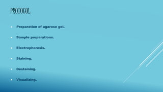 PROTOCOL
 Preparation of agarose gel.
 Sample preparations.
 Electrophoresis.
 Staining.
 Destaining.
 Visualizing.
 