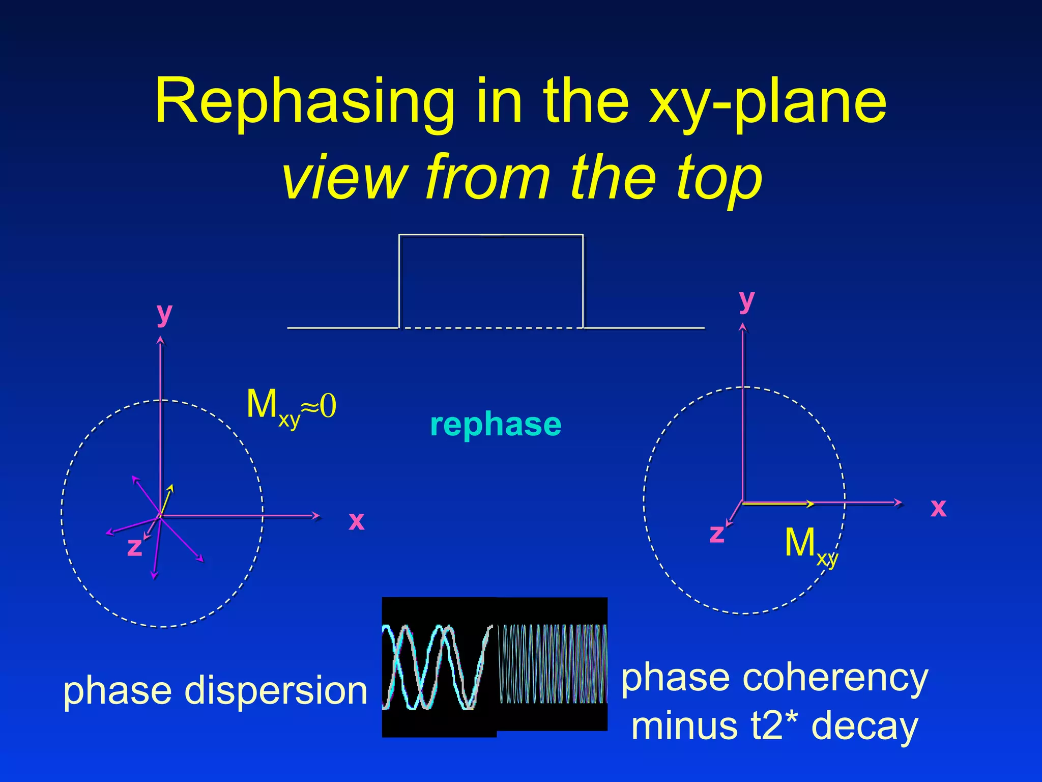y
x
z Mxy
phase coherency
minus t2* decay
Rephasing in the xy-plane
view from the top
rephase
y
x
z
Mxy≈0
phase dispersion
 
