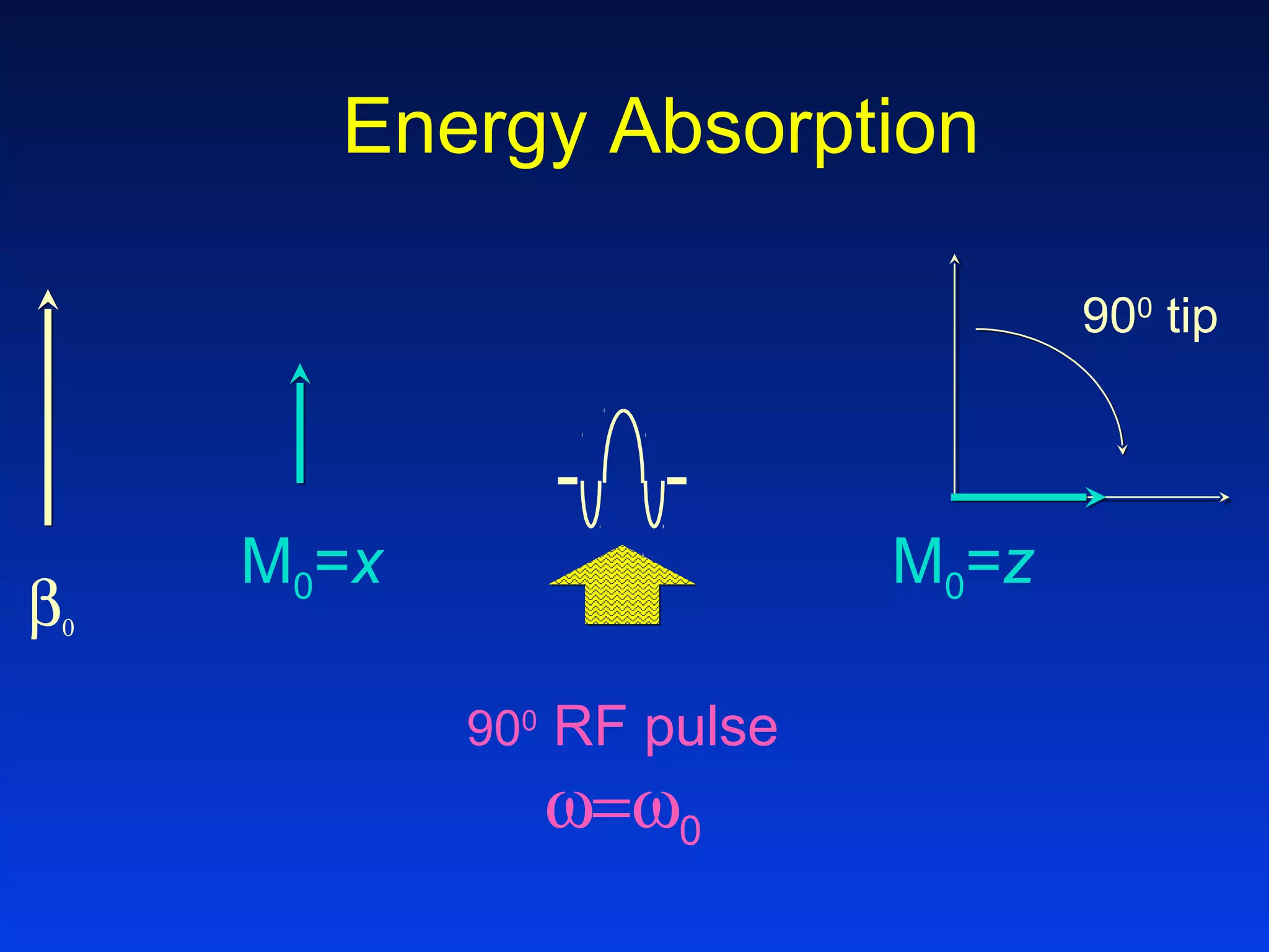 Energy Absorption
β0
M0=x M0=z
900
tip
900
RF pulse
ω=ω0
 