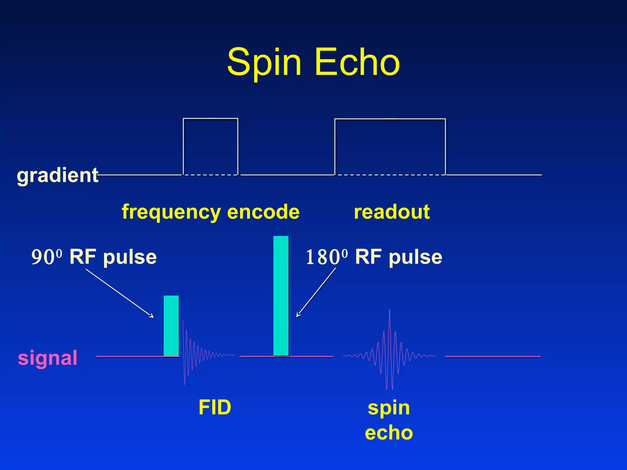 Spin Echo
FID spin
echo
900
RF pulse
readoutfrequency encode
signal
gradient
1800
RF pulse
 