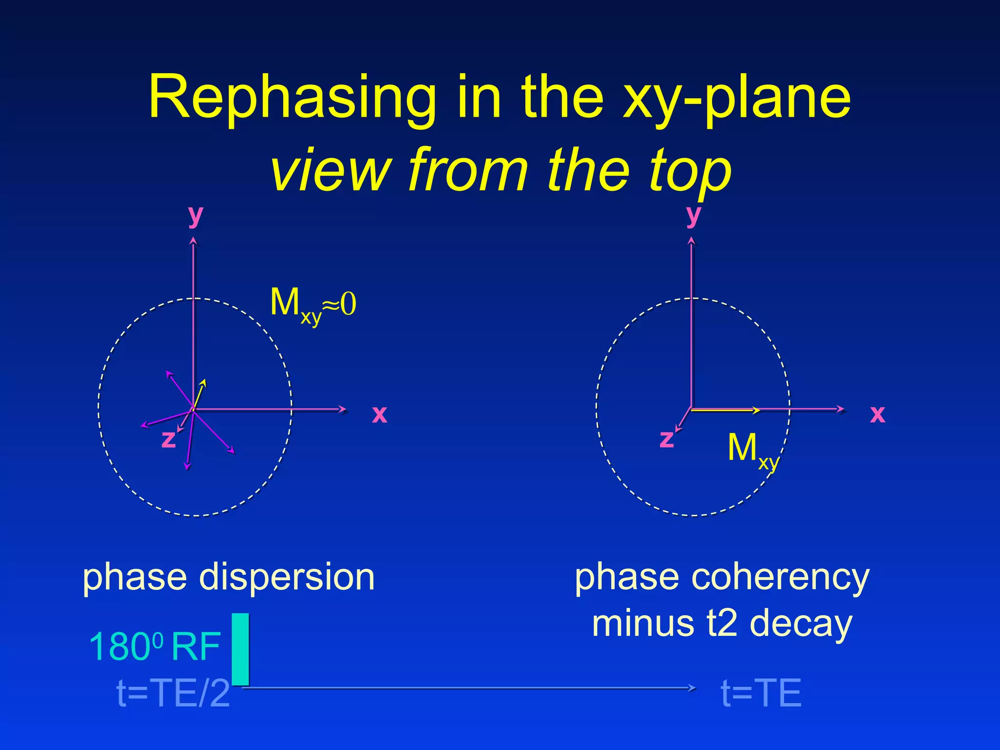 y
x
z Mxy
phase coherency
minus t2 decay
Rephasing in the xy-plane
view from the top
y
x
z
Mxy≈0
phase dispersion
t=TE/2 t=TE
1800
RF
 