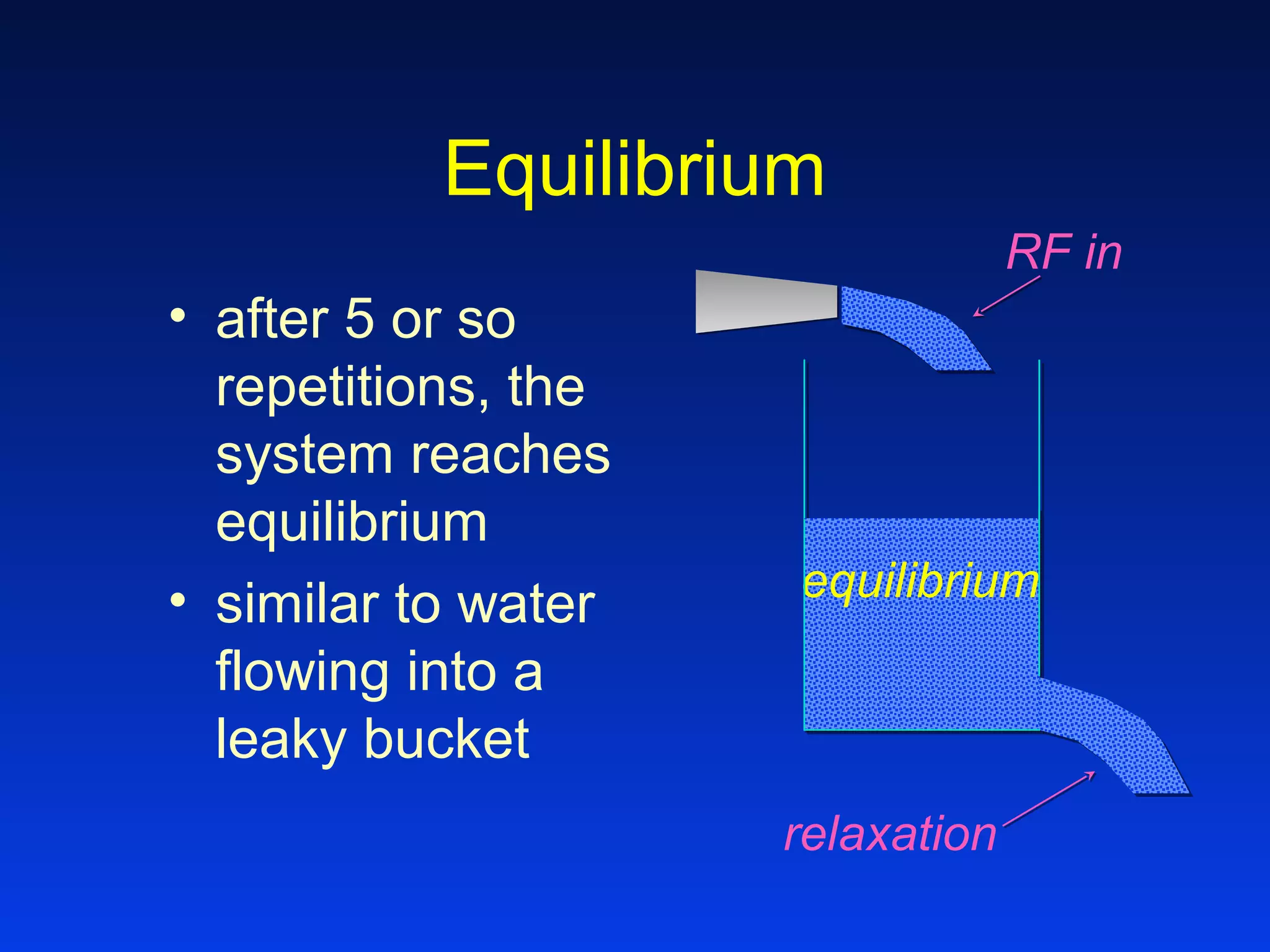 Equilibrium
• after 5 or so
repetitions, the
system reaches
equilibrium
• similar to water
flowing into a
leaky bucket
relaxation
RF in
equilibrium
 
