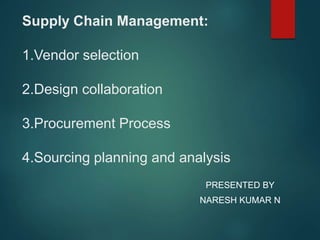 Supply Chain Management:
1.Vendor selection
2.Design collaboration
3.Procurement Process
4.Sourcing planning and analysis
PRESENTED BY
NARESH KUMAR N
 