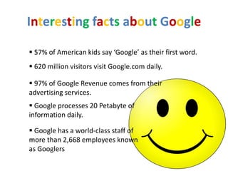 Interesting facts about Google
 57% of American kids say ‘Google’ as their first word.
 620 million visitors visit Google.com daily.
 97% of Google Revenue comes from their
advertising services.
 Google processes 20 Petabyte of
information daily.
 Google has a world-class staff of
more than 2,668 employees known
as Googlers
 