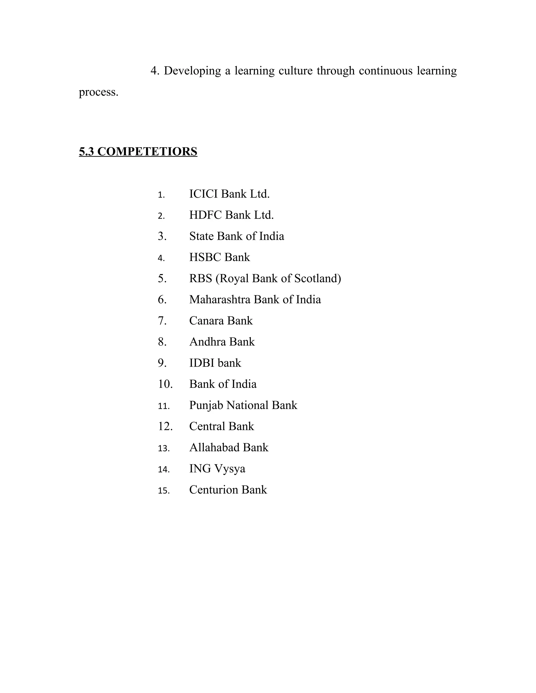 4. Developing a learning culture through continuous learning
process.



5.3 COMPETETIORS


            1.    ICICI Bank Ltd.
            2.    HDFC Bank Ltd.
            3.    State Bank of India
            4.    HSBC Bank
            5.    RBS (Royal Bank of Scotland)
            6.    Maharashtra Bank of India
            7.    Canara Bank
            8.    Andhra Bank
            9.    IDBI bank
            10.   Bank of India
            11.   Punjab National Bank
            12.   Central Bank
            13.   Allahabad Bank
            14.   ING Vysya
            15.   Centurion Bank
 
