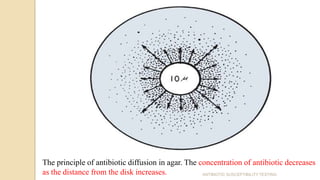 The principle of antibiotic diffusion in agar. The concentration of antibiotic decreases
as the distance from the disk increases. ANTIBIOTIC SUSCEPTIBILITY TESTING
 
