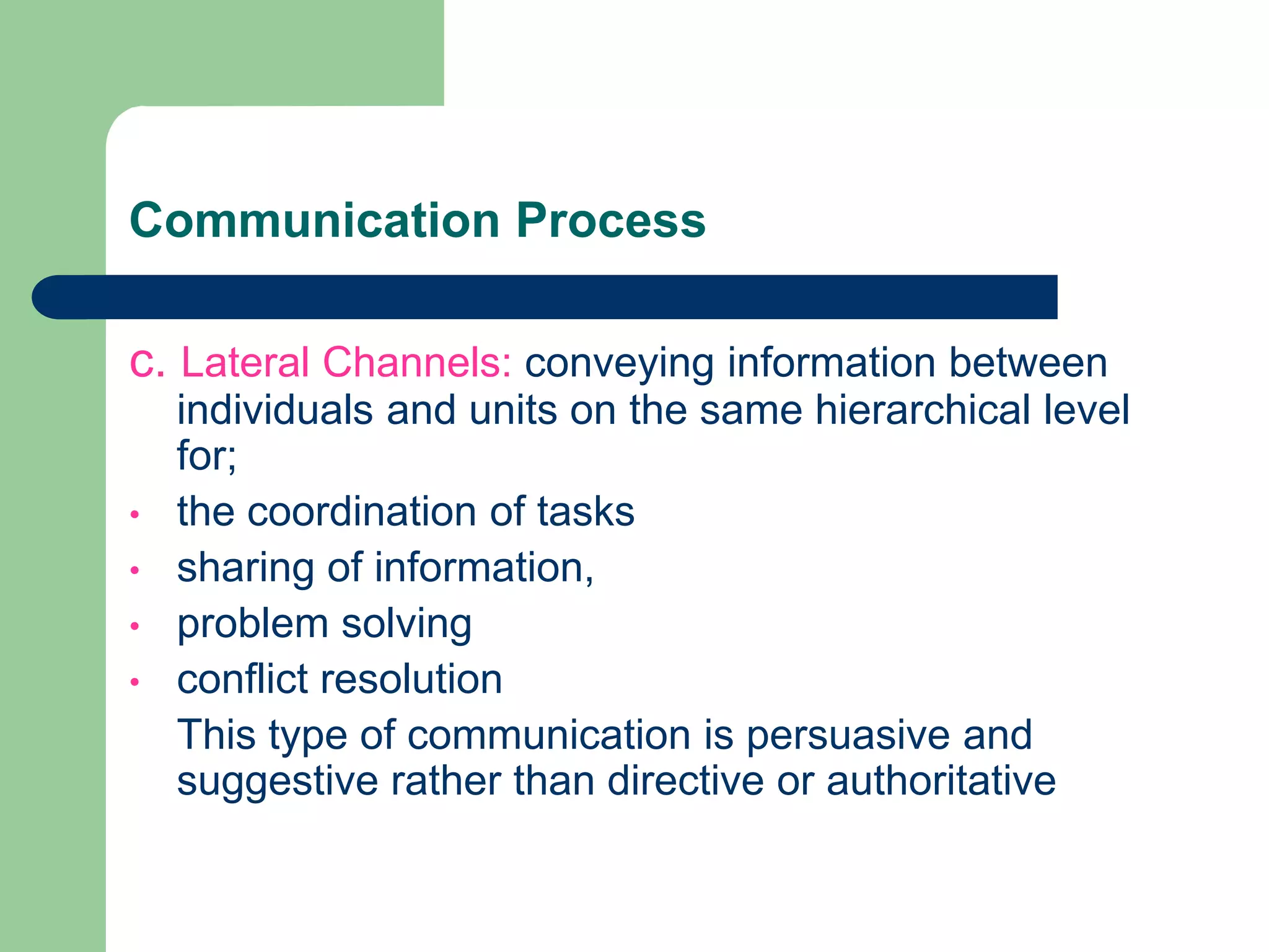 Communication Process

c. Lateral Channels: conveying information between
    individuals and units on the same hierarchical level
    for;
•   the coordination of tasks
•   sharing of information,
•   problem solving
•   conflict resolution
    This type of communication is persuasive and
    suggestive rather than directive or authoritative
 