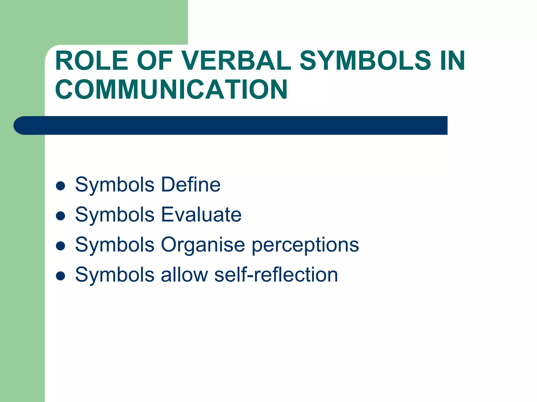 ROLE OF VERBAL SYMBOLS IN
COMMUNICATION


   Symbols Define
   Symbols Evaluate
   Symbols Organise perceptions
   Symbols allow self-reflection
 
