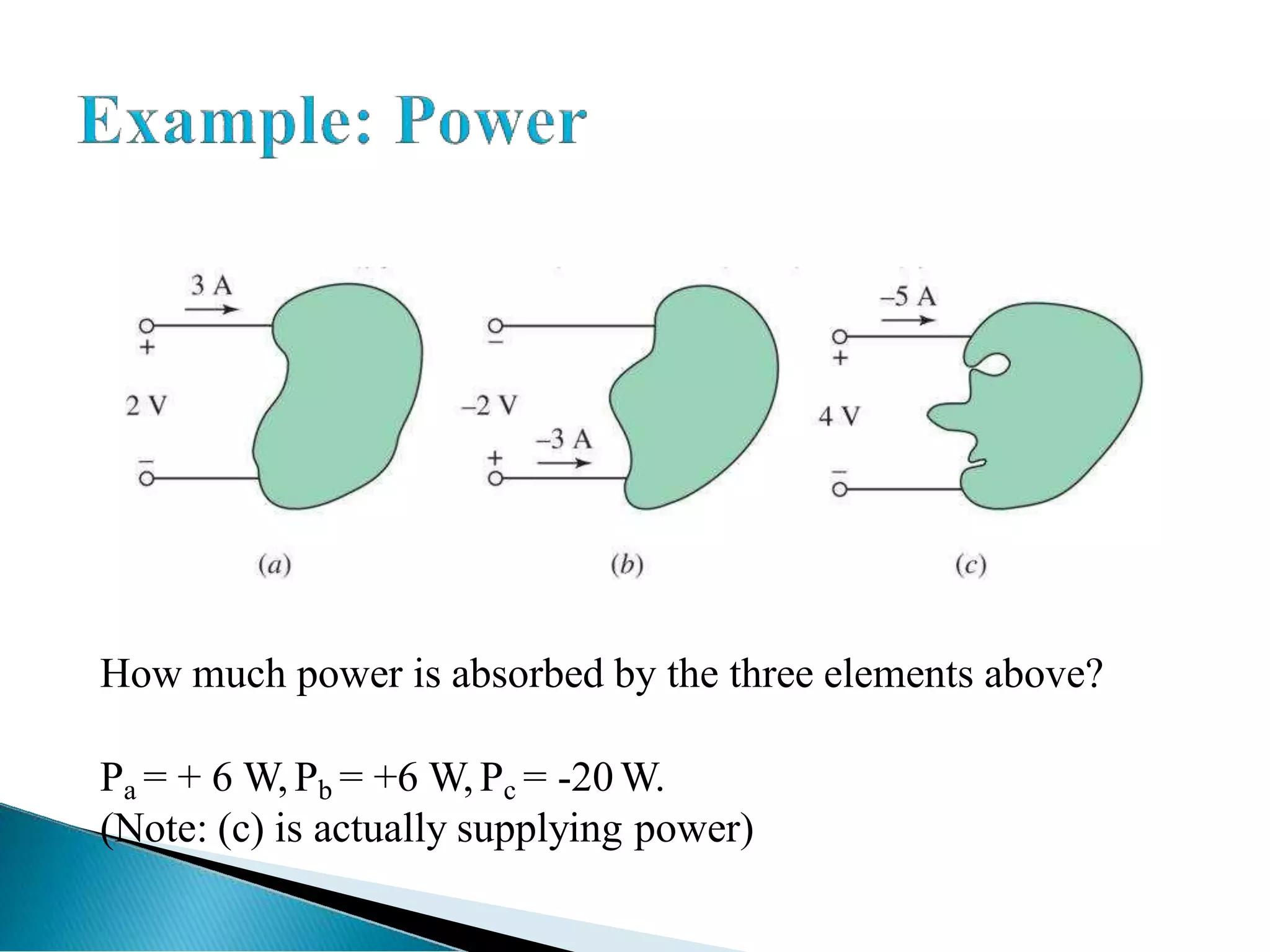 How much power is absorbed by the three elements above?
Pa = + 6 W, Pb = +6 W,Pc = -20W.
(Note: (c) is actually supplying power)
 